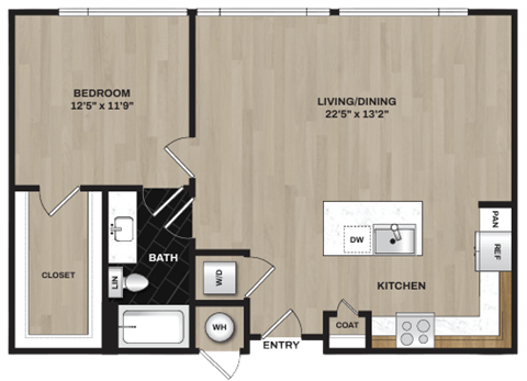 A floor plan of a small apartment with a bedroom, living/dining area, kitchen, bath, and closet.